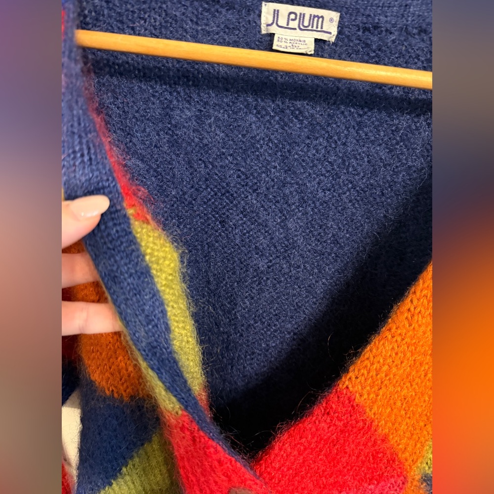 Vintage 1990s JL Plum mohair cardigan RN 40687 Argyle Harlequin Color Block - Picture 9 of 9